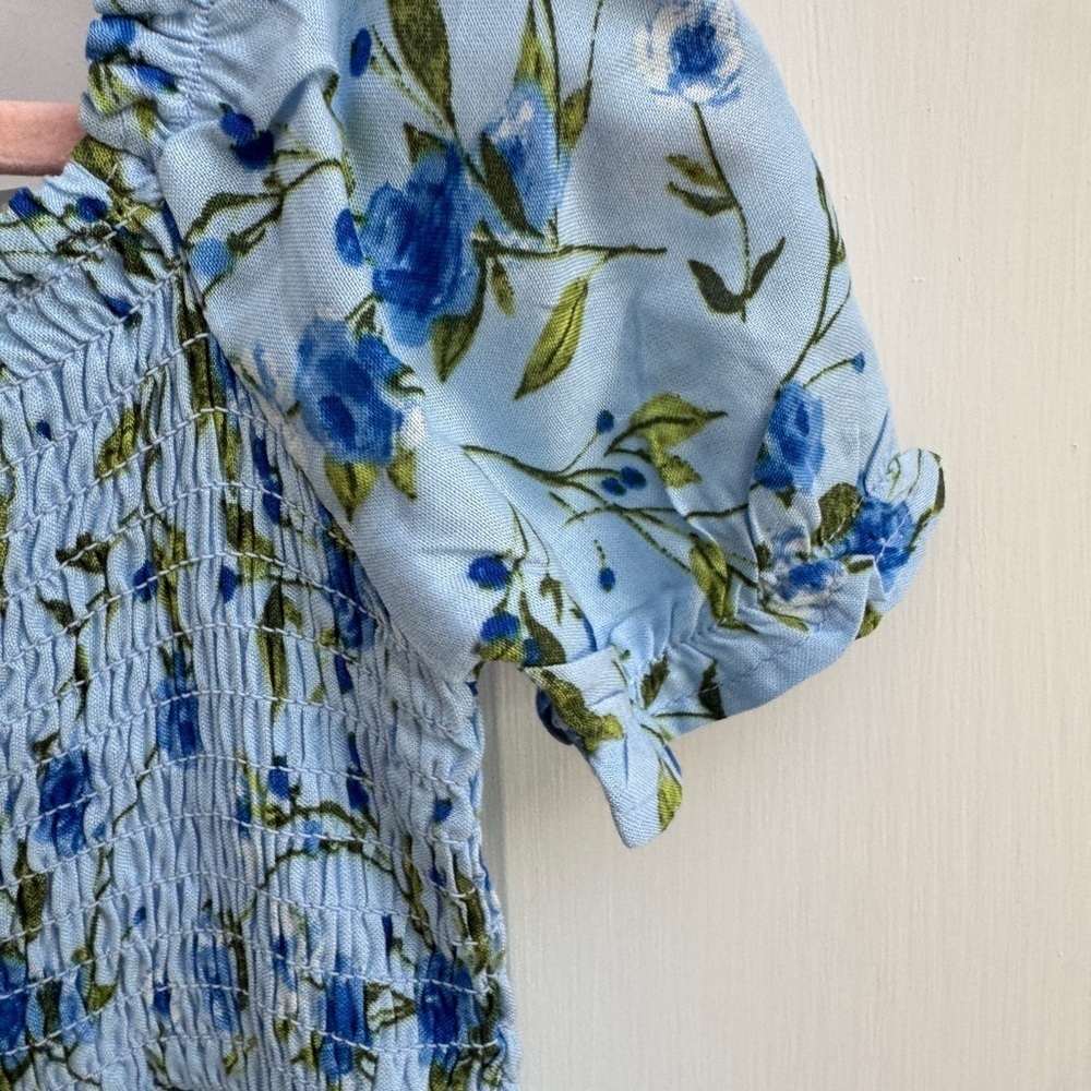 🎊HP🎊NWT The Children's Place 3T Girl Blue Floral Smocked Puff Short Sleeve Dress - Picture 2 of 6